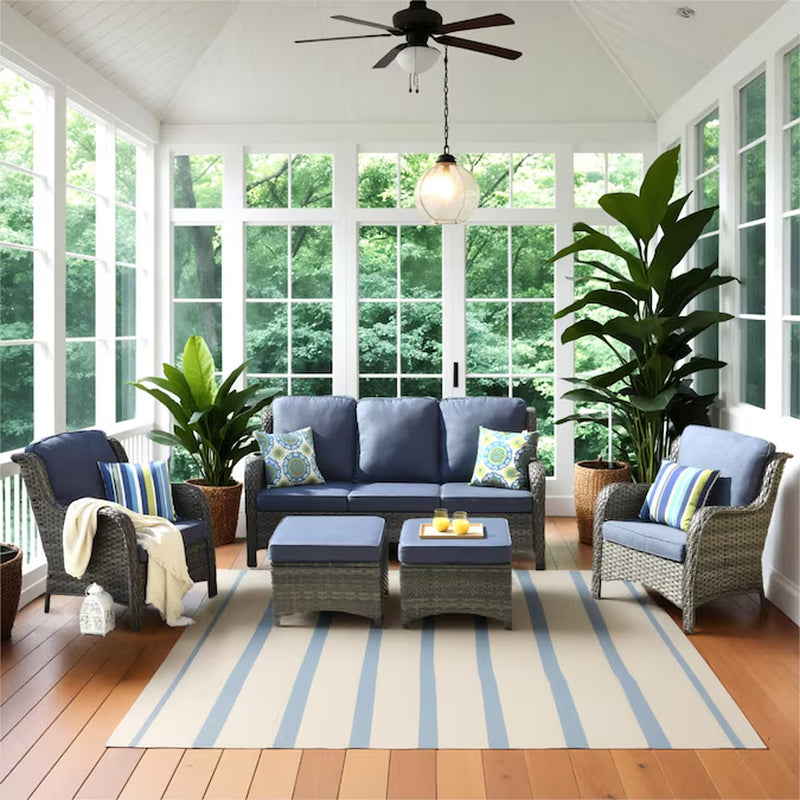 New Kenard 5 -Piece Woven Patio Sofa Conversation Set with Blue Cushions