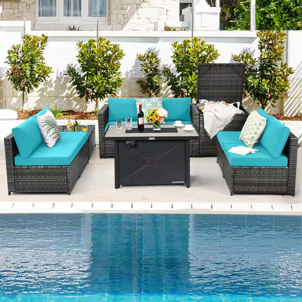 9-Pieces Patio Rattan Furniture Set Fire Pit Table Storage Black with Cover Turquoise