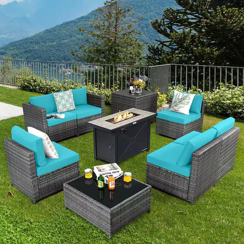 9-Pieces Patio Rattan Furniture Set Fire Pit Table Storage Black with Cover Turquoise