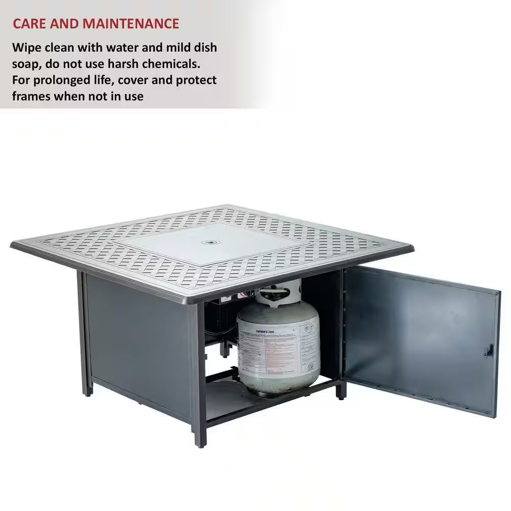 42 In. Topaz Cast Aluminum Heron Square Gas Fire Pit Chat Table with Clear Glass Fire Beads