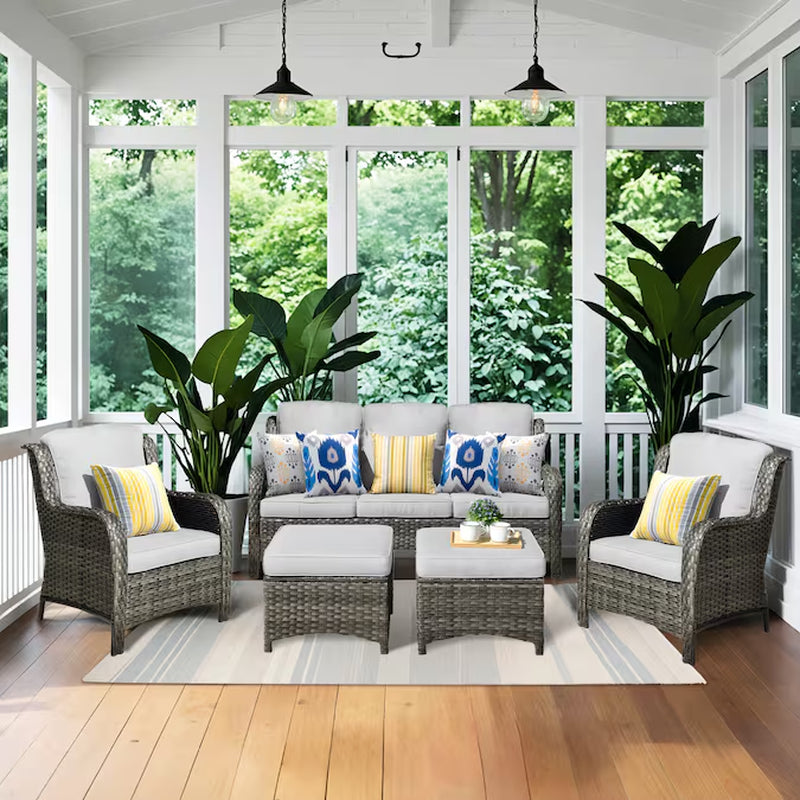 New Kenard 5 -Piece Woven Patio Sofa Conversation Set with Blue Cushions