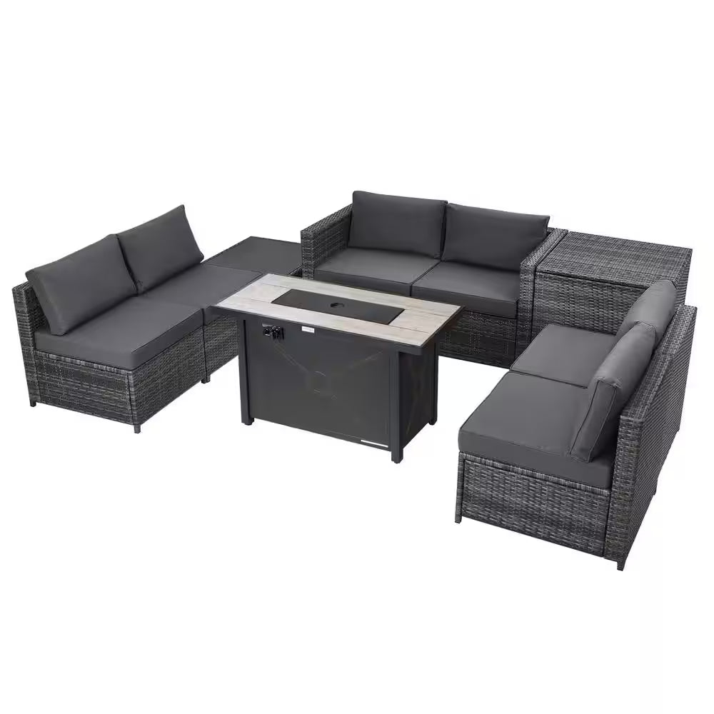 9-Pieces Patio Rattan Furniture Set Fire Pit Table Storage Grey with Cover Grey