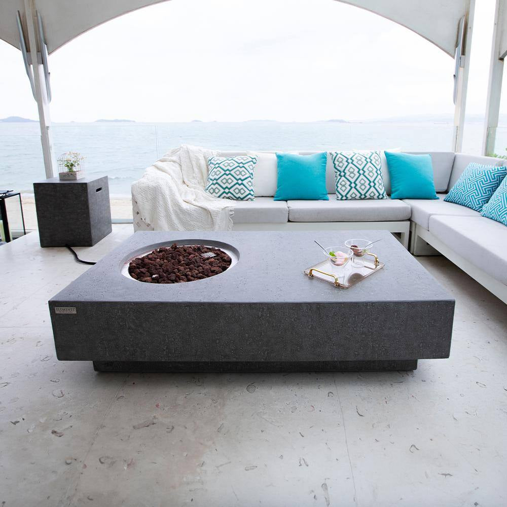 Metropolis Outdoor Fire Pit 56 In. X 32 In. Rectangular Concrete Propane Fire Table with Lava Rocks and Cover