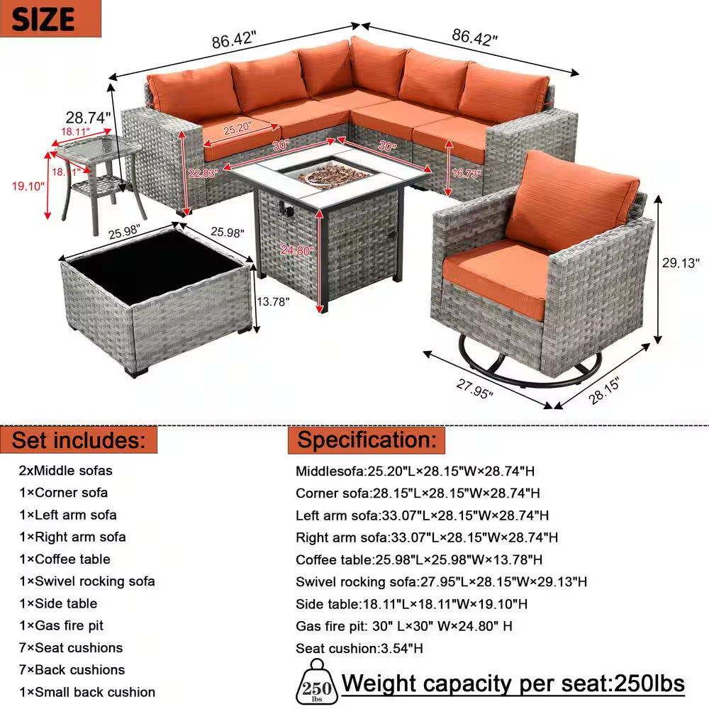 Metis 9-Piece Wicker Outdoor Patio Fire Pit Sectional Sofa Set and with Orange Red Cushions and Swivel Rocking Chairs