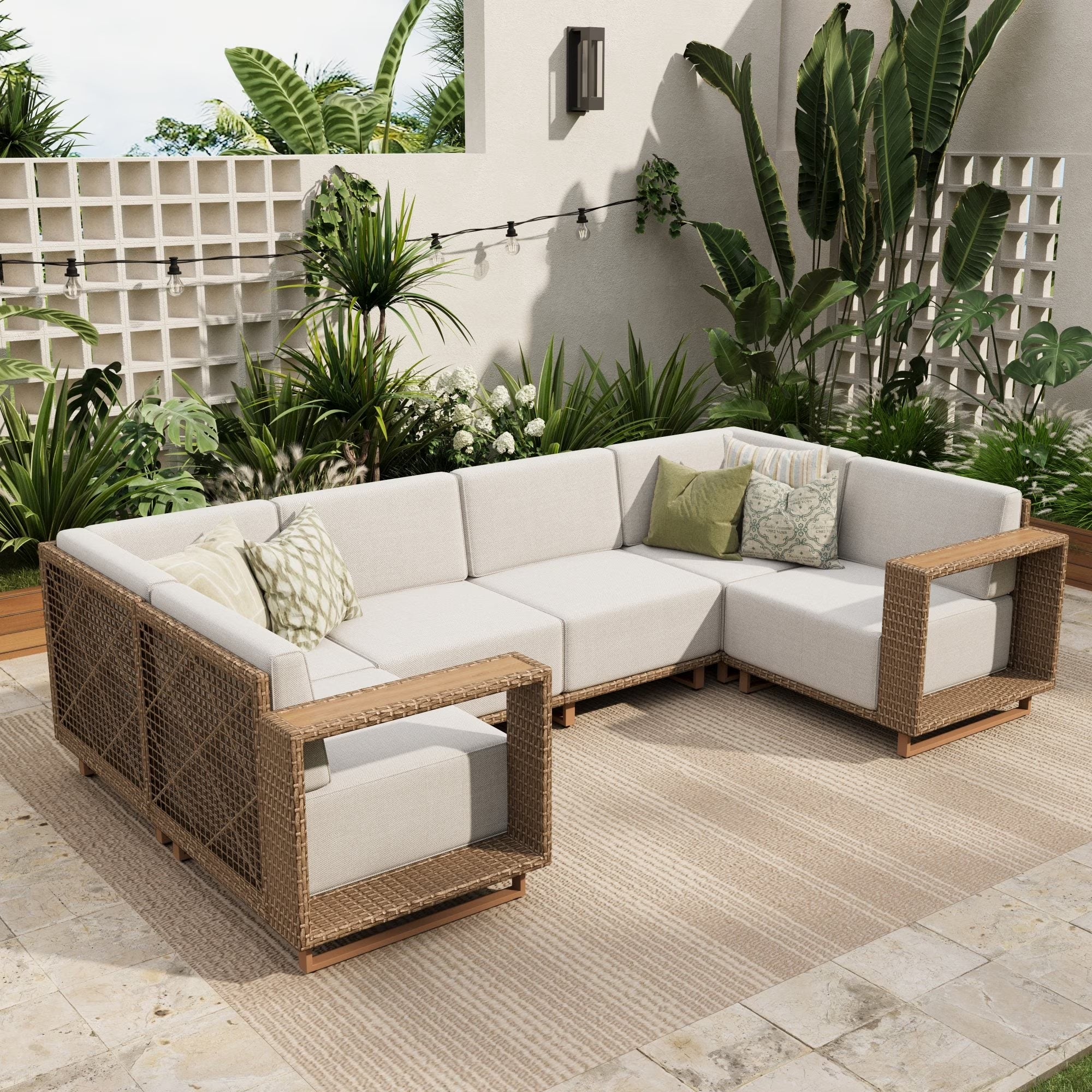 6 Pieces U-Shaped Wicker Patio Furniture Set 6-Seat Outdoor Cushioned Conversation Set, Yellow-Brown & Beige