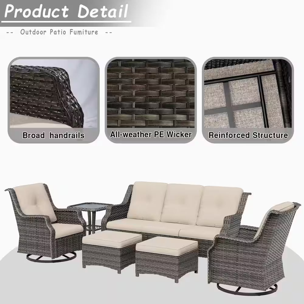 6-Pieces Wicker Outdoor Patio Furniture Set Rattan Chair Wicker Set with Beige Cushion