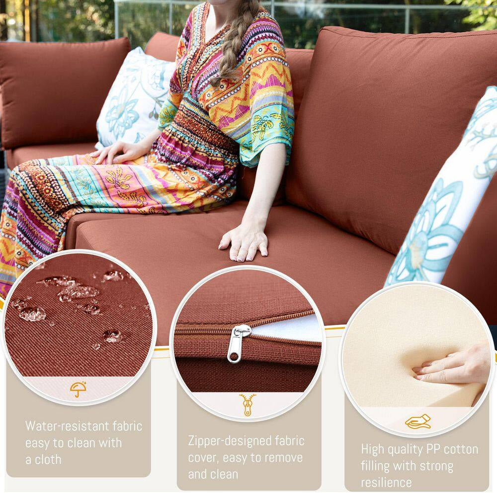 7 Piece Large Espresso Wicker Patio Fire Pit Sectional Deep Seating Sofa Set with Ottamans and Ruby Red Cushions