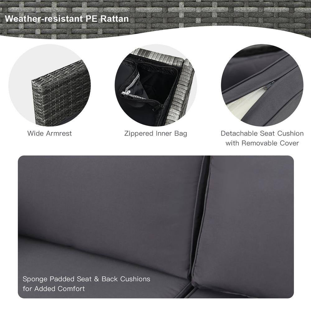 9-Pieces Patio Rattan Furniture Set Fire Pit Table Storage Grey with Cover Grey