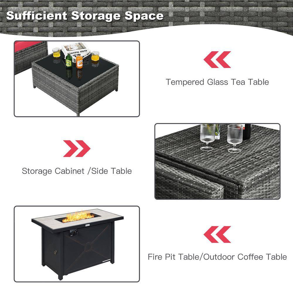 9-Pieces Patio Rattan Furniture Set Fire Pit Table Storage Black with Cover Red