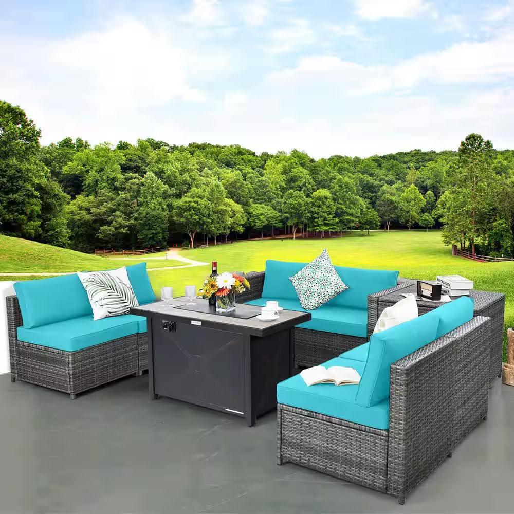 9-Pieces Patio Rattan Furniture Set Fire Pit Table Storage Black with Cover Turquoise