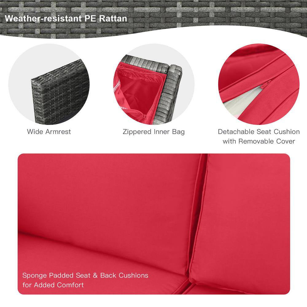 9-Pieces Patio Rattan Furniture Set Fire Pit Table Storage Black with Cover Red