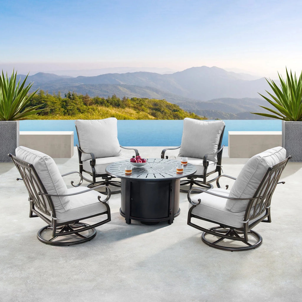 RICA-NOBU-5PC-AC 44 In. Outdoor Aluminum round Fire Table Set with Four Deep Seating Swivel Rocking Chair - 5 Piece