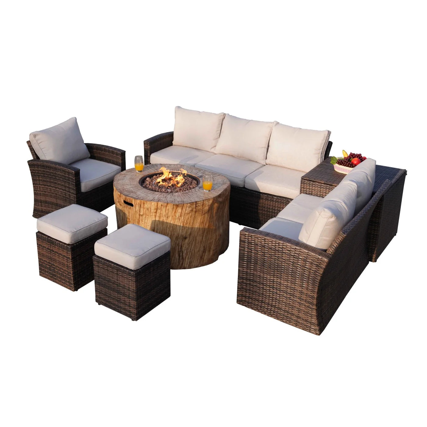 7-Piece Patio Brown Wicker Conversation Sofa Set with 40" Fire Pit Table