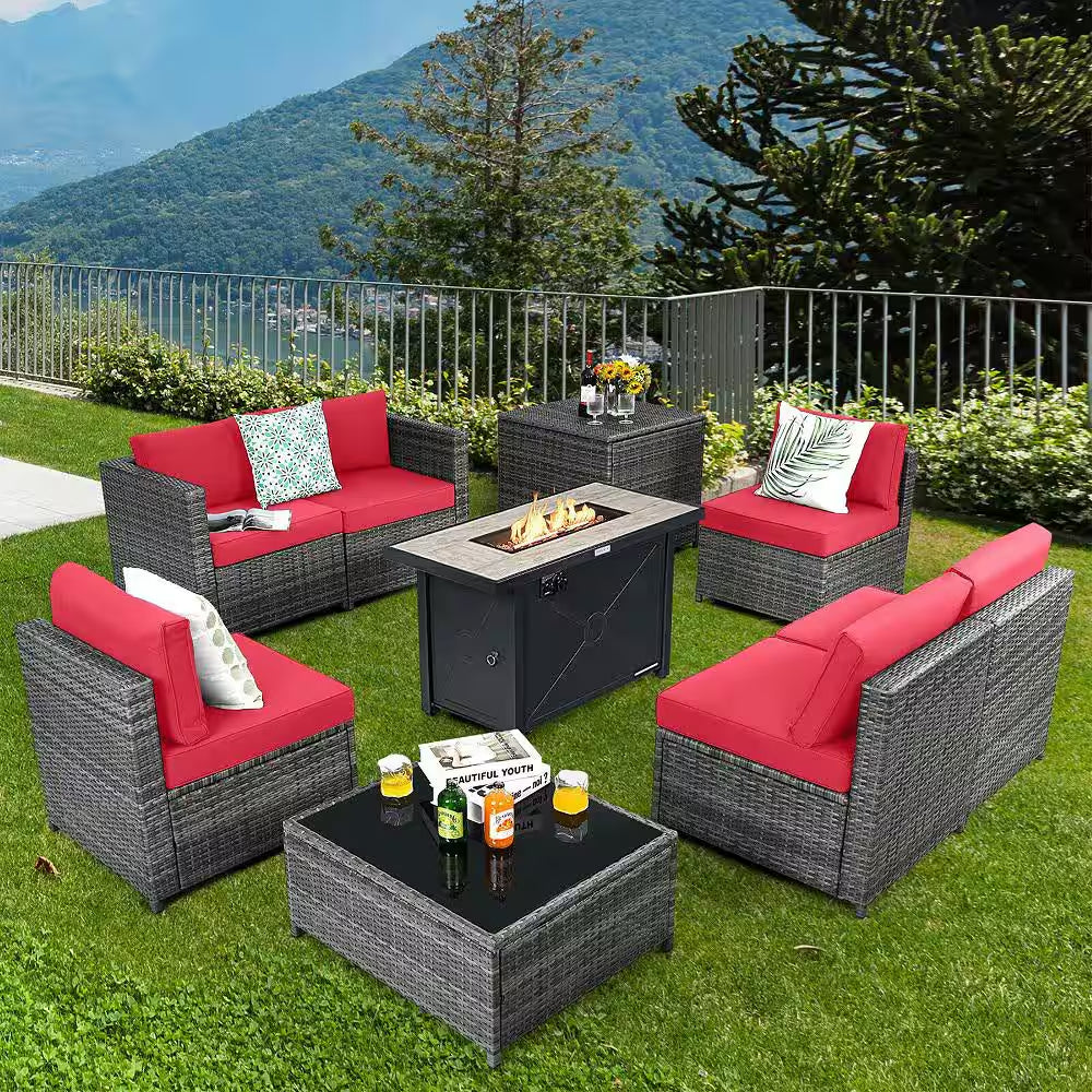 9-Pieces Patio Rattan Furniture Set Fire Pit Table Storage Black with Cover Red