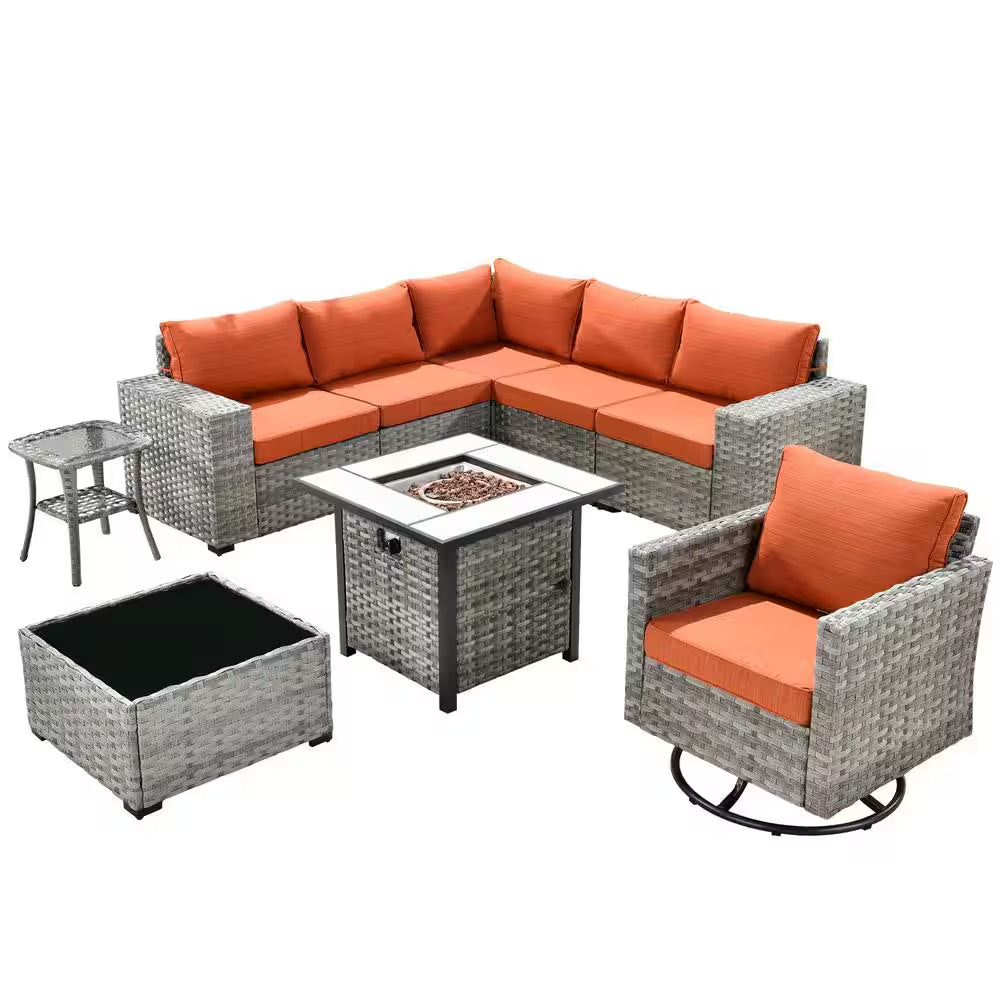 Metis 9-Piece Wicker Outdoor Patio Fire Pit Sectional Sofa Set and with Orange Red Cushions and Swivel Rocking Chairs