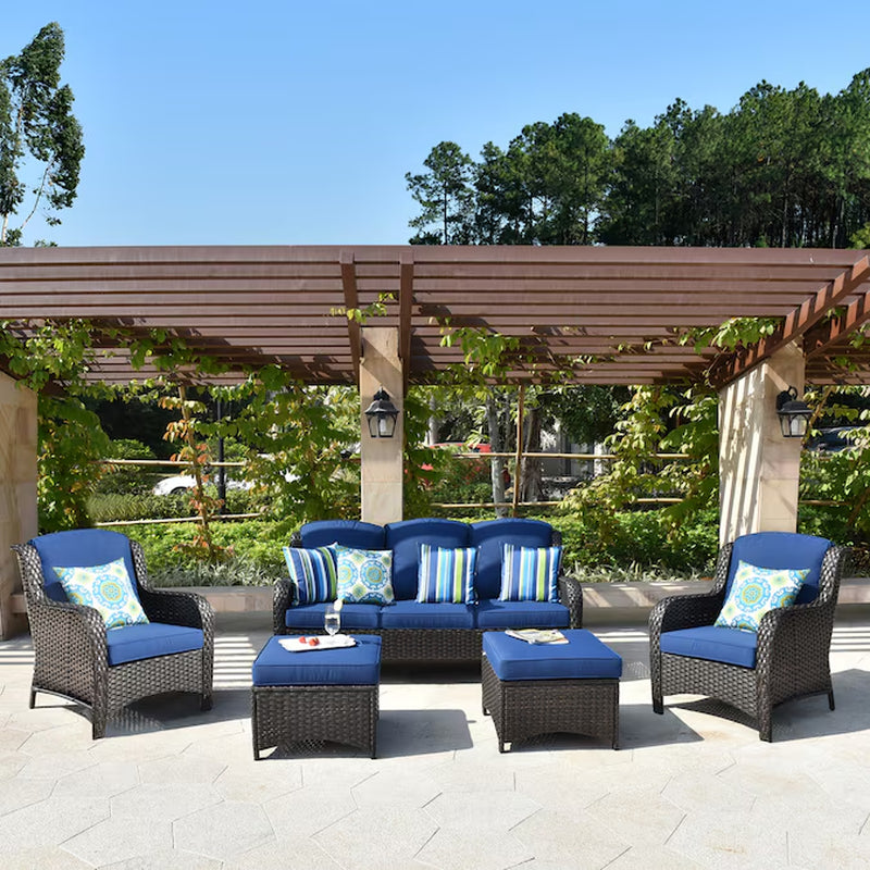 New Kenard 5 -Piece Woven Patio Sofa Conversation Set with Blue Cushions