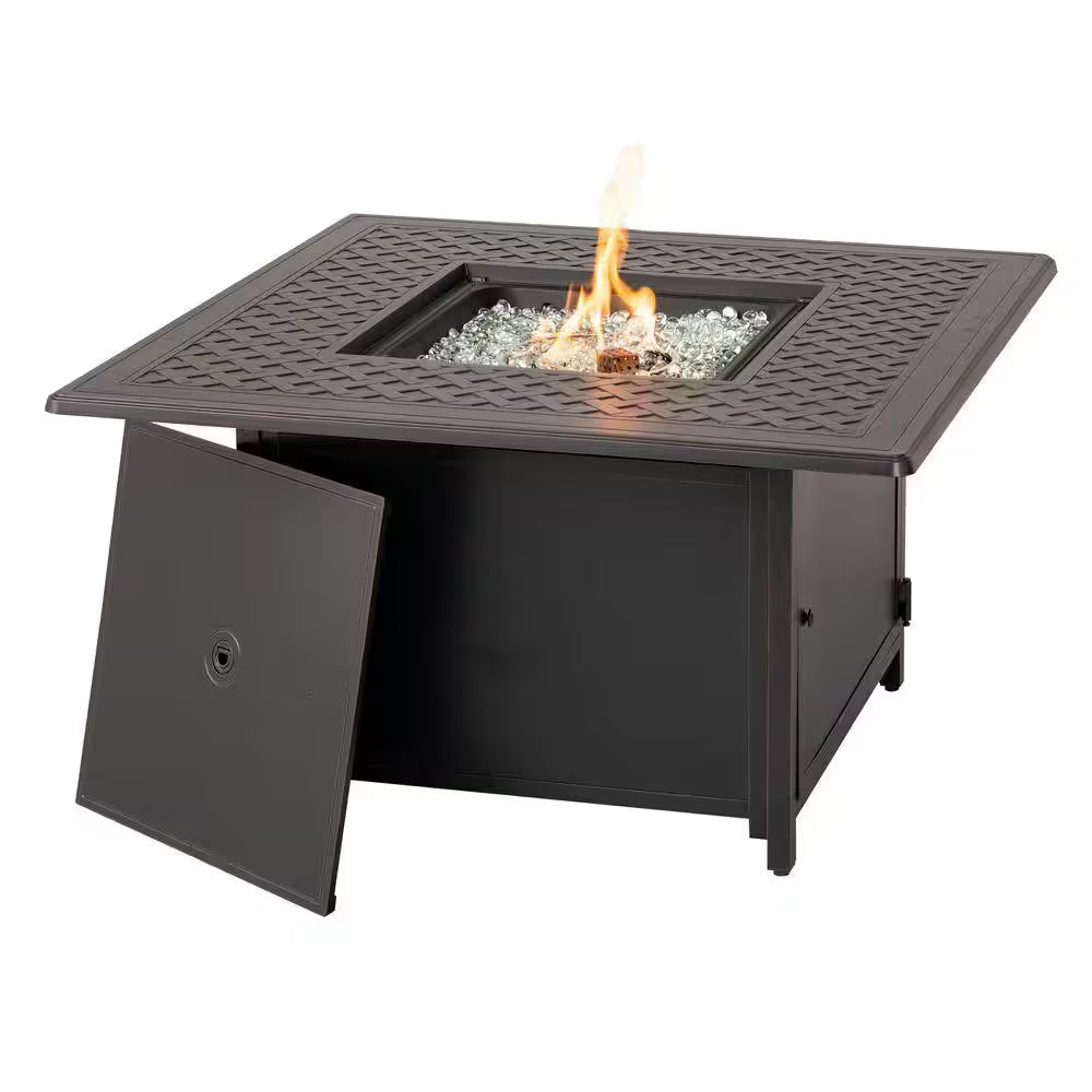 42 In. Topaz Cast Aluminum Heron Square Gas Fire Pit Chat Table with Clear Glass Fire Beads