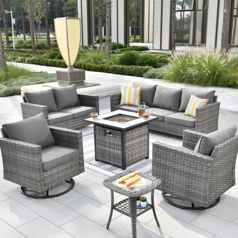Lovall Rattan Wicker 7 - Person Seating Group with Fire Pit and Cushions