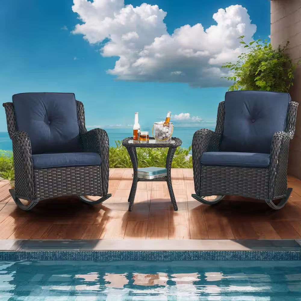 Outdoor Brown Wicker Outdoor Rocking Chair with Cushionguard Blue Cushions Patio (Set 2-Pack)