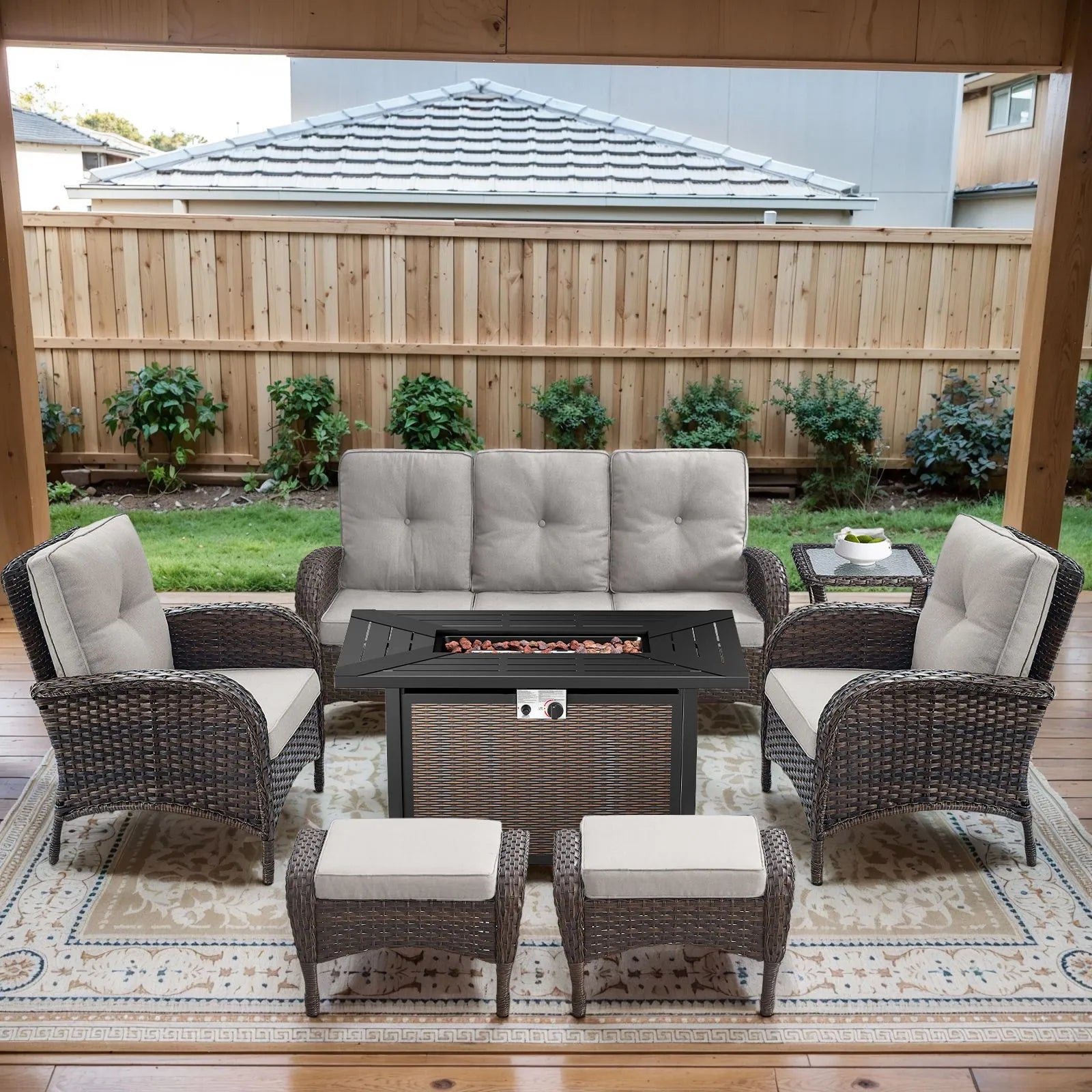 Outdoor Fire Pit Conversation Set, 3-Seat Sofa & Chairs Patio Furniture Set