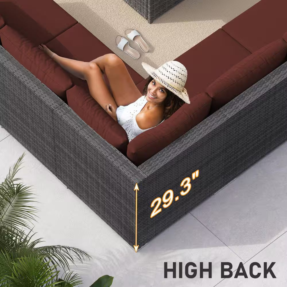 15-Piece Large Size Gray Wicker Patio Conversation Sofa Set with Dark Red Cushions Fire Pit Table and Coffee Tables