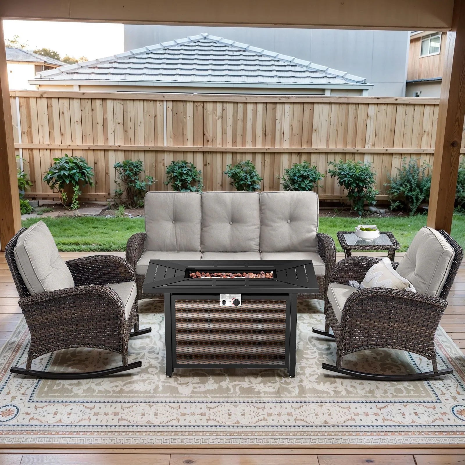 Outdoor Fire Pit Conversation Set, 3-Seat Sofa & Chairs Patio Furniture Set