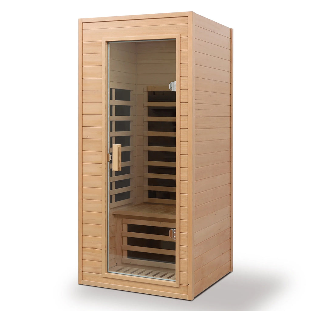 1290W Hemlock 1 Person Sauna Indoor Spa Room , FAR Infrared Sauna with Touch Intelligent Panel, Bluetooth LED Reading Light,Temperature Protection for Home Gym