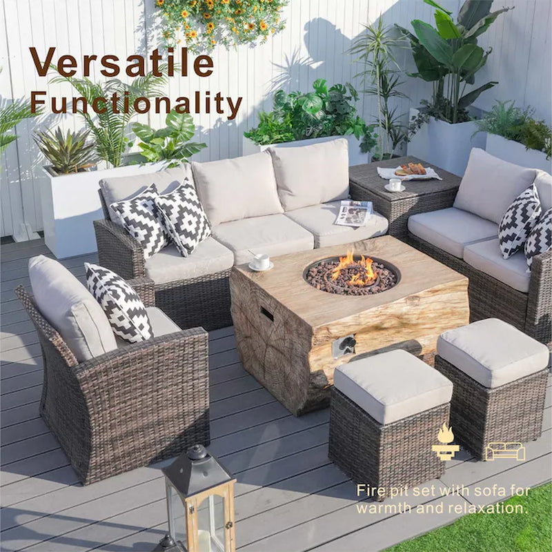 Arthur 7 -Piece Wicker Patio Sofa Conversation Set with Tan Cushions