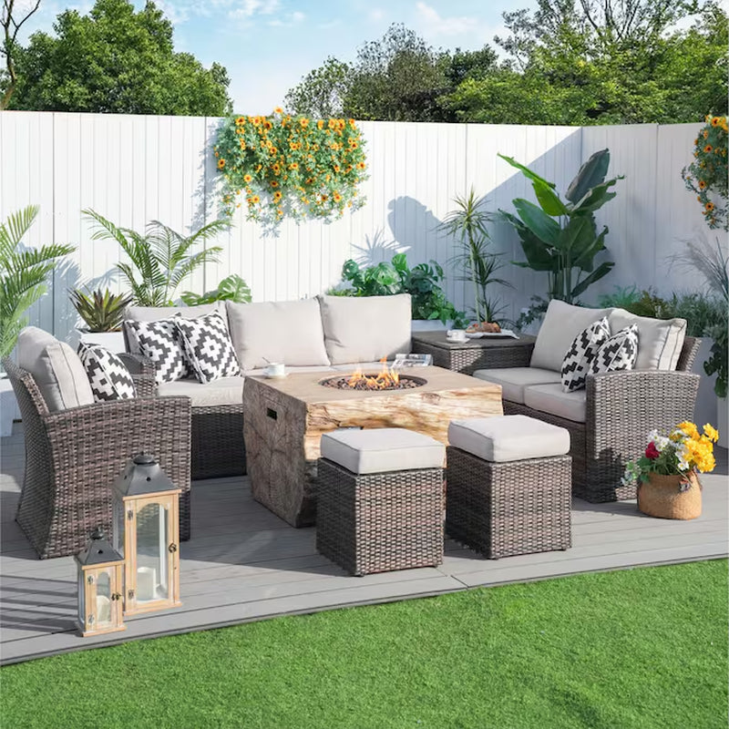 Arthur 7 -Piece Wicker Patio Sofa Conversation Set with Tan Cushions