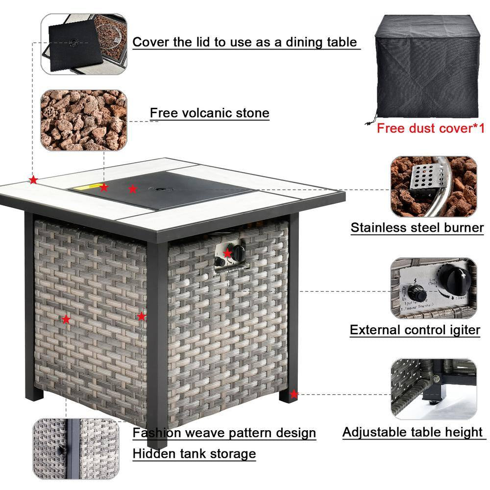 Metis 9-Piece Wicker Outdoor Patio Fire Pit Sectional Sofa Set and with Orange Red Cushions and Swivel Rocking Chairs