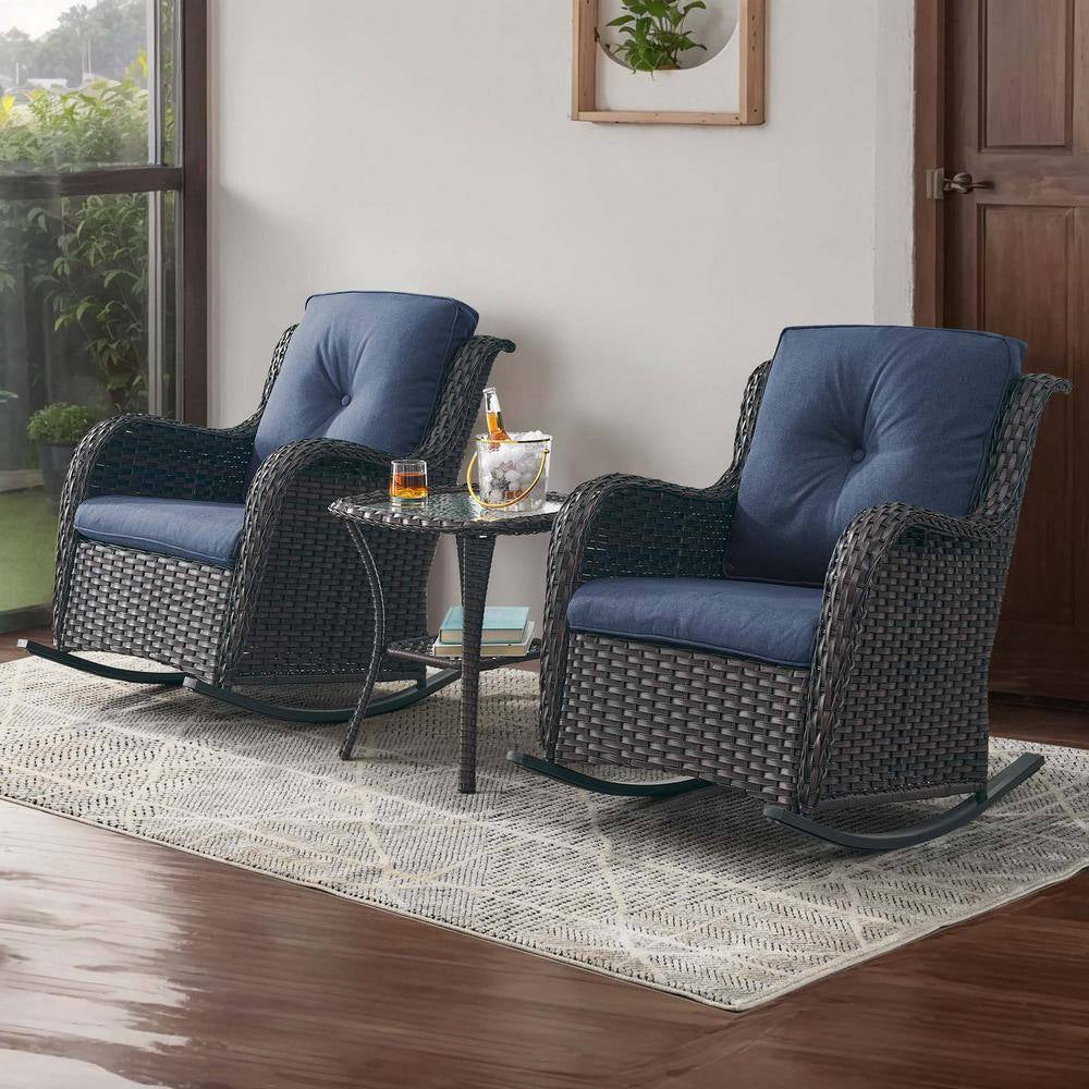 Outdoor Brown Wicker Outdoor Rocking Chair with Cushionguard Blue Cushions Patio (Set 2-Pack)