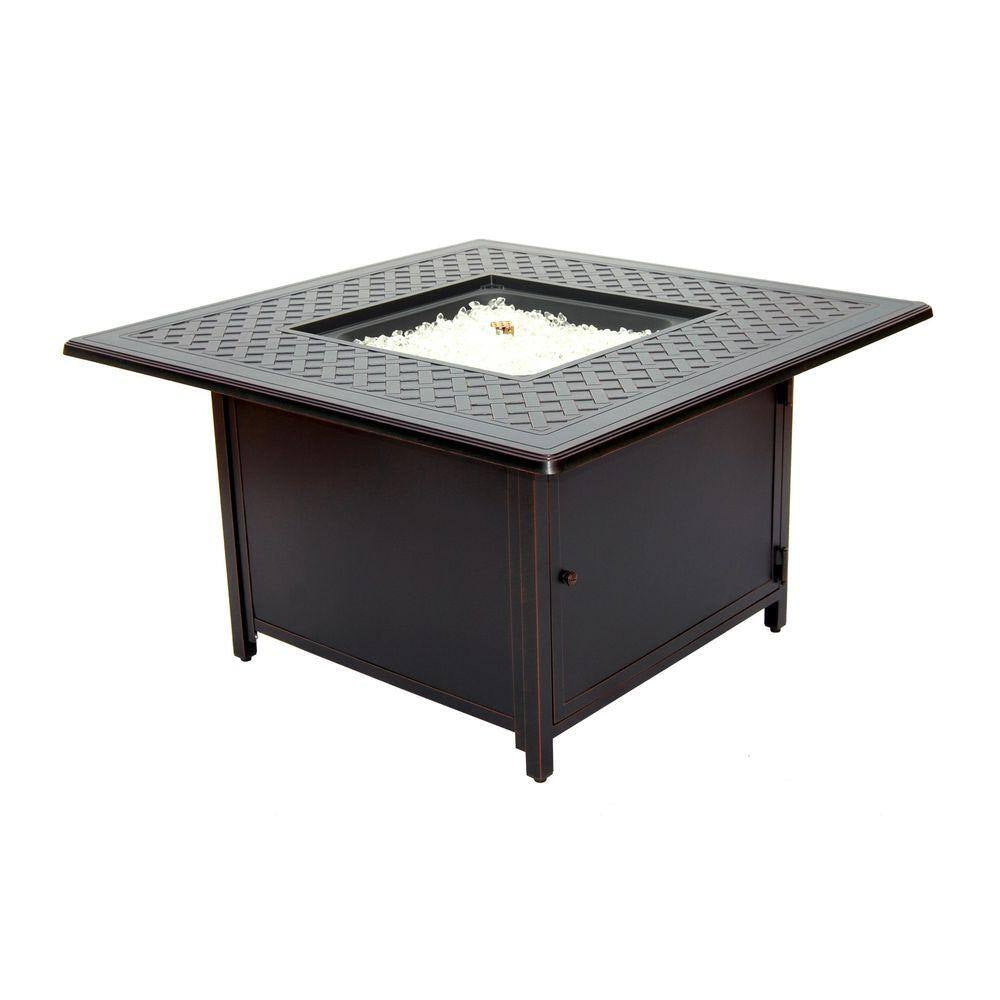 42 In. Topaz Cast Aluminum Heron Square Gas Fire Pit Chat Table with Clear Glass Fire Beads