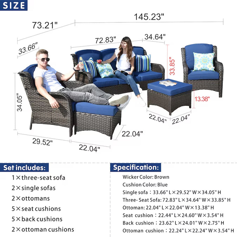 New Kenard 5 -Piece Woven Patio Sofa Conversation Set with Blue Cushions