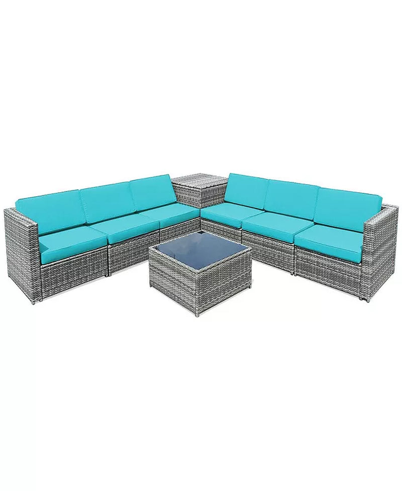 8 Piece Wicker Sofa Rattan Dinning Set Patio Furniture with Storage Table