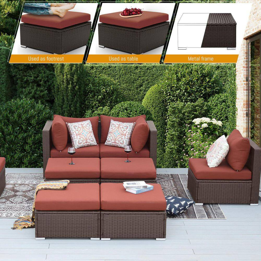 7 Piece Large Espresso Wicker Patio Fire Pit Sectional Deep Seating Sofa Set with Ottamans and Ruby Red Cushions