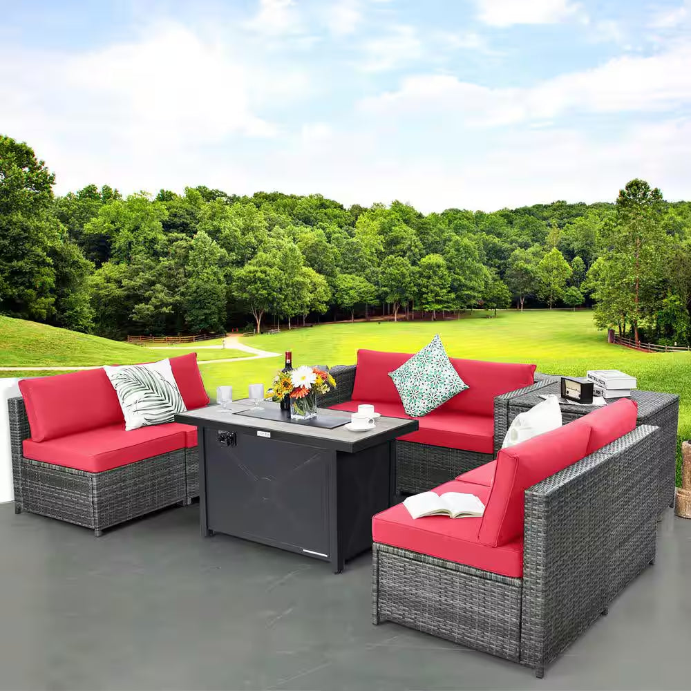 9-Pieces Patio Rattan Furniture Set Fire Pit Table Storage Black with Cover Red