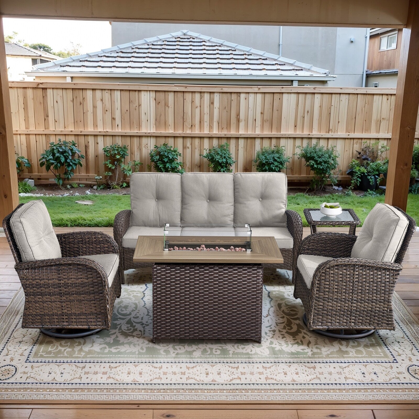 Outdoor Fire Pit Conversation Set, 3-Seat Sofa & Chairs Patio Furniture Set