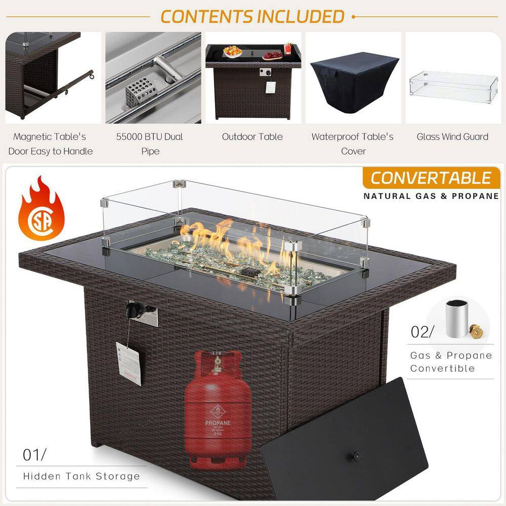 7 Piece Large Espresso Wicker Patio Fire Pit Sectional Deep Seating Sofa Set with Ottamans and Ruby Red Cushions