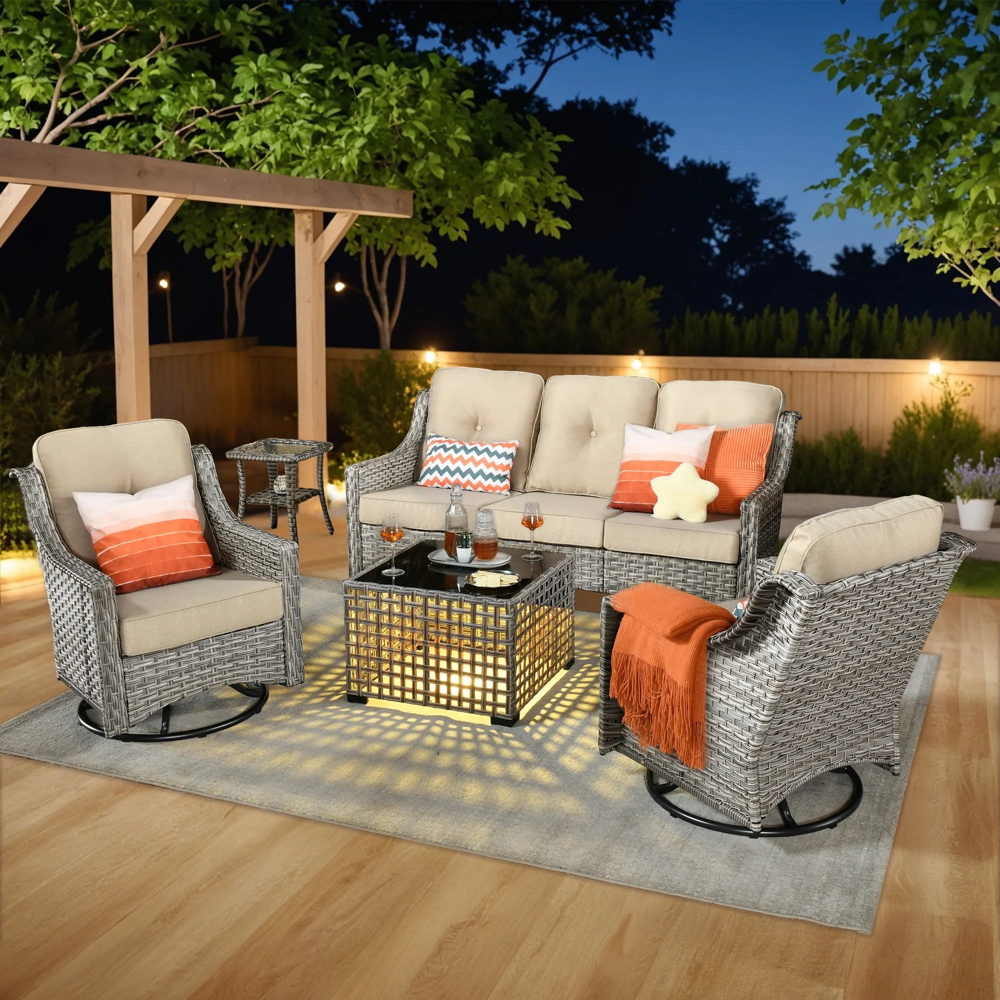 5 Pieces Outdoor Patio Furniture Set High-Back Rattan Wicker Conversation Set Outdoor Sectional with Swivel Chairs & Solar Light Coffee Table, Beige