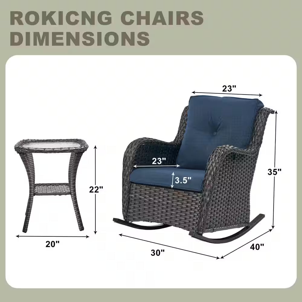 Outdoor Brown Wicker Outdoor Rocking Chair with Cushionguard Blue Cushions Patio (Set 2-Pack)