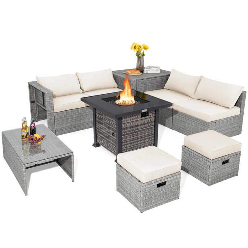 9 Pieces Outdoor Patio Furniture Set with 32-Inch Propane Fire Pit Table