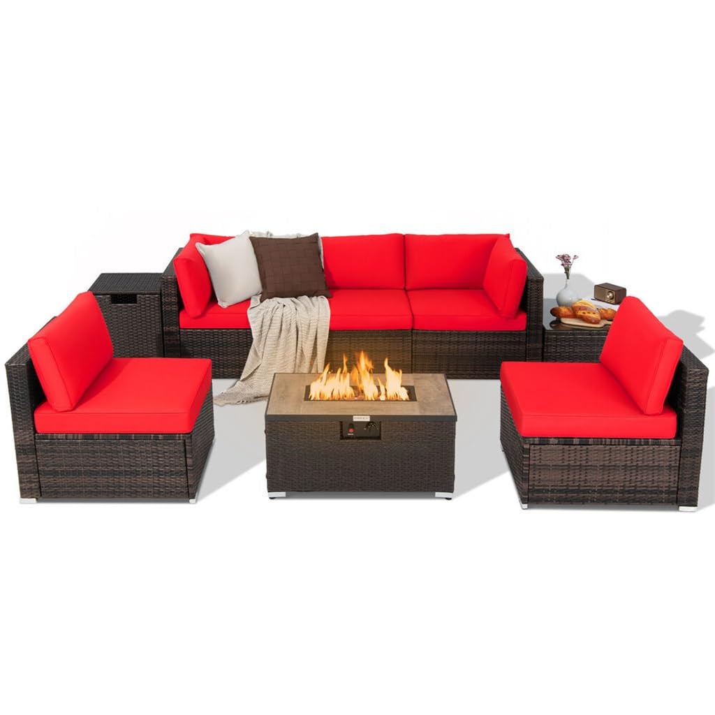 YWMLFZ 8PCS Patio Rattan Furniture Set Fire Pit Table Tank Holder Cover Deck Red