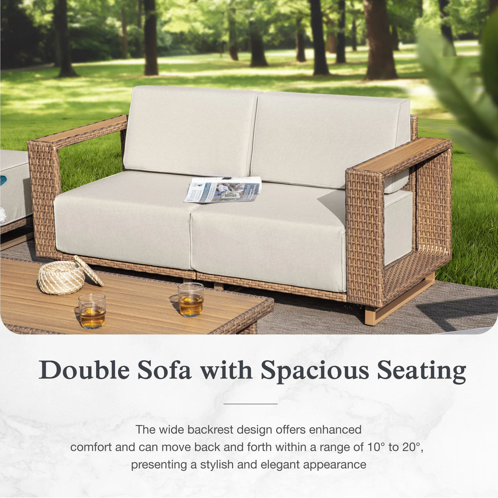 6 Pieces U-Shaped Wicker Patio Furniture Set 6-Seat Outdoor Cushioned Conversation Set, Yellow-Brown & Beige