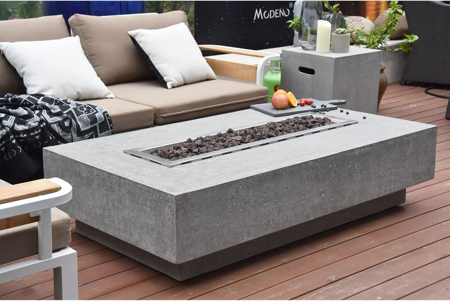 Hampton Fire Table Outdoor Fire Pit 56" X 32" Cast Concrete Firepit Includes Lava Rocks 45,000 Btus Outdoor Fireplace for Patio Furniture Set, Deck, Porch, Outdoor Heater - Liquid Propane