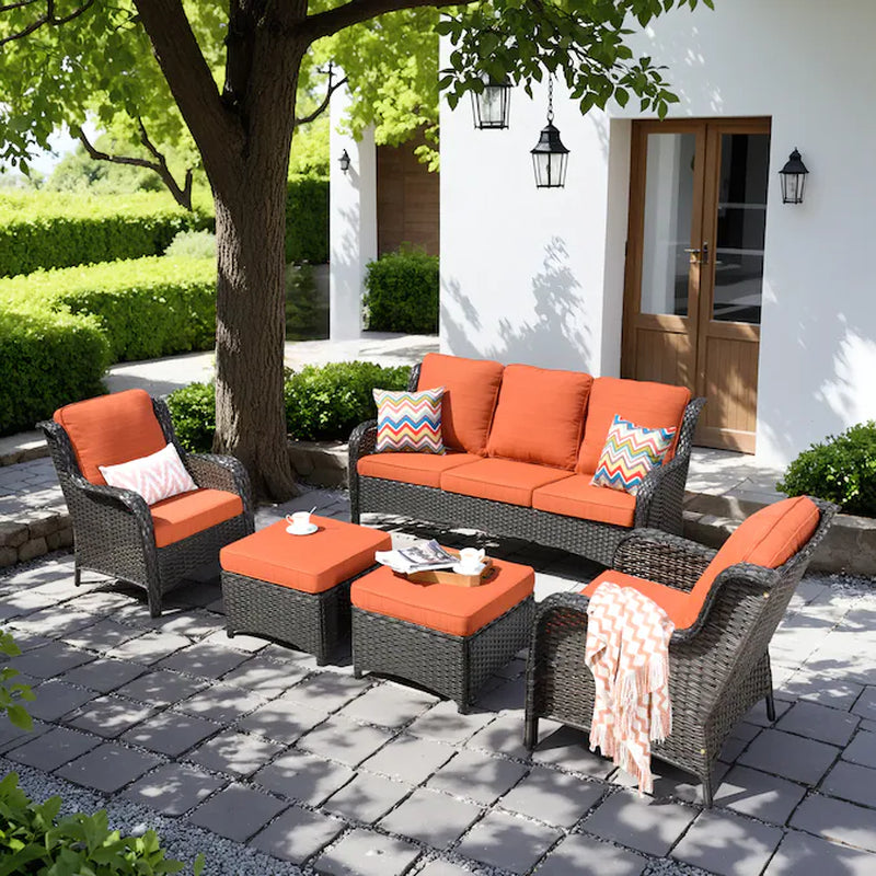 New Kenard 5 -Piece Woven Patio Sofa Conversation Set with Blue Cushions