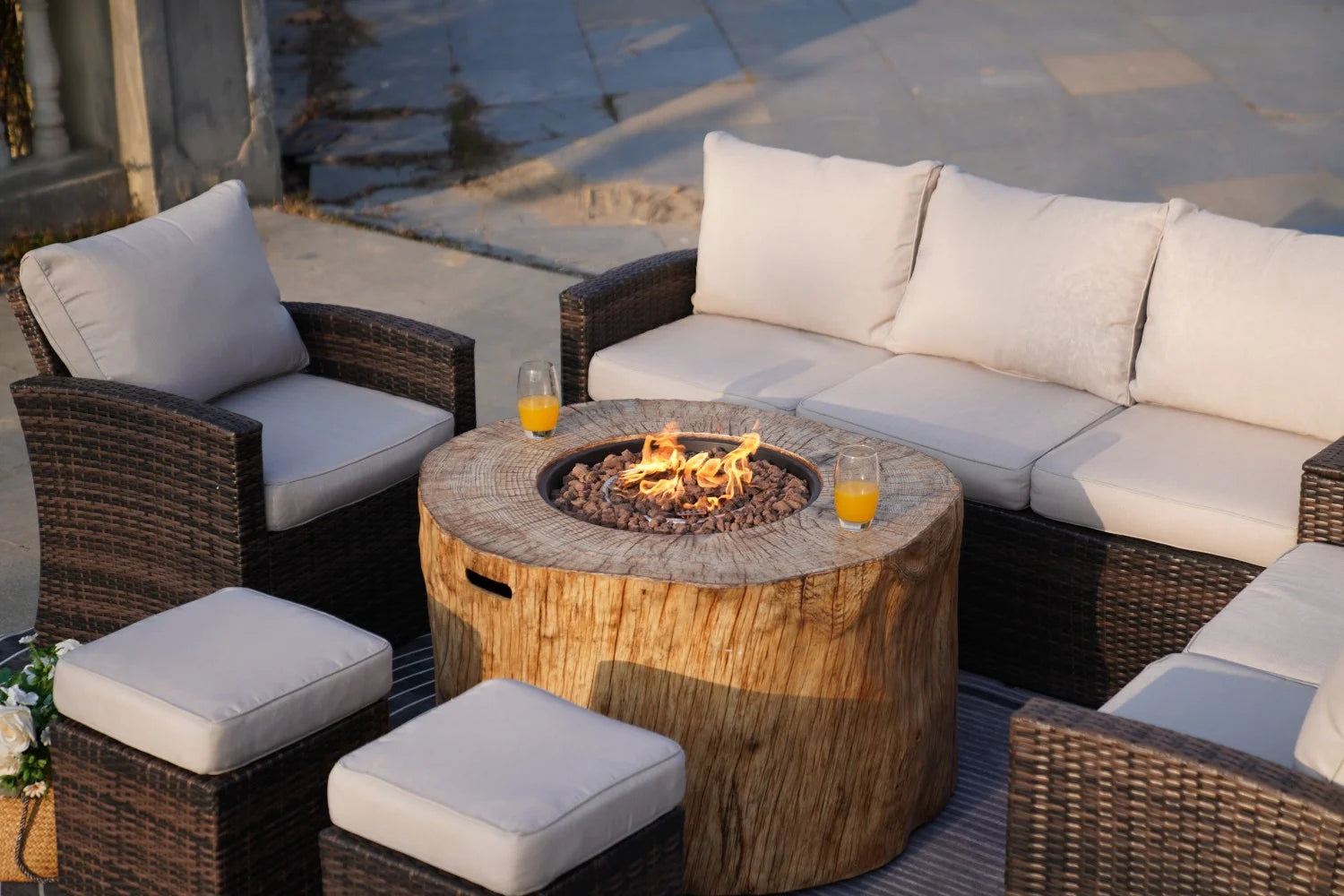 7-Piece Patio Brown Wicker Conversation Sofa Set with 40" Fire Pit Table