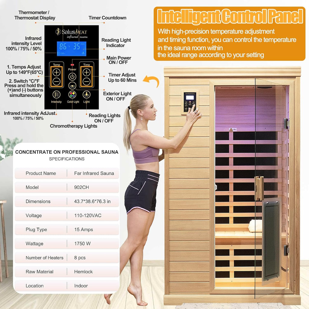 Low EMF Indoor Sauna, Infrared Sauna for Home, 2 Person Infrared Sauna, Canadian Hemlock, 9 Low EMF Heaters, 2 Chromotherapy Lights, 2 Bluetooth Speakers, 1 LED Reading Lamp, 1750W