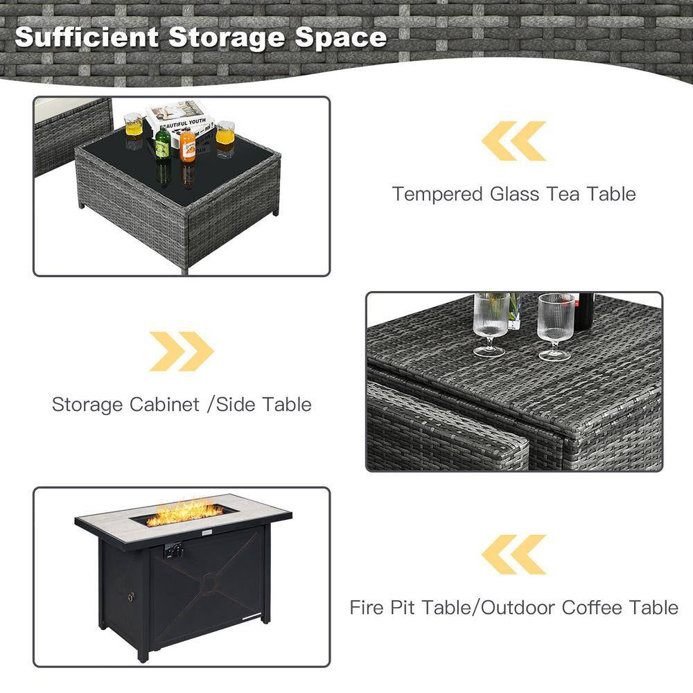 9-Pieces Patio Rattan Furniture Set Fire Pit Table Storage Black with Cover off White