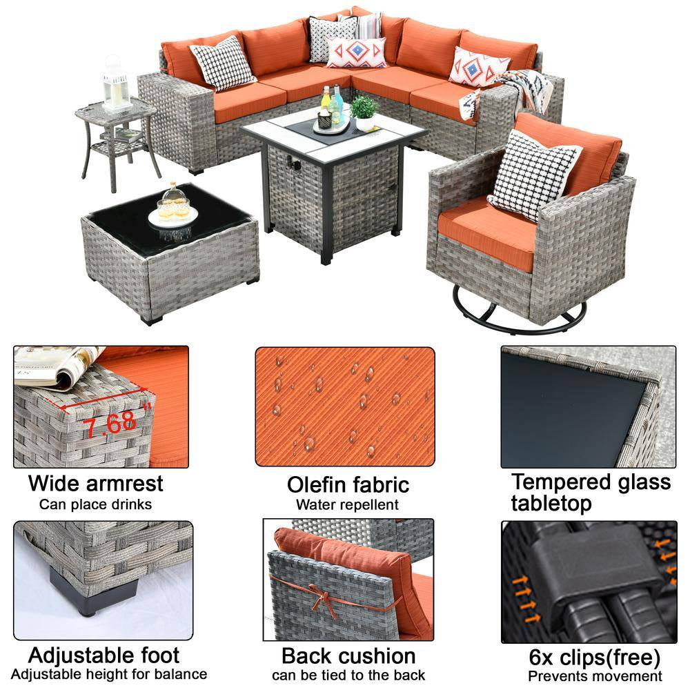 Metis 9-Piece Wicker Outdoor Patio Fire Pit Sectional Sofa Set and with Orange Red Cushions and Swivel Rocking Chairs