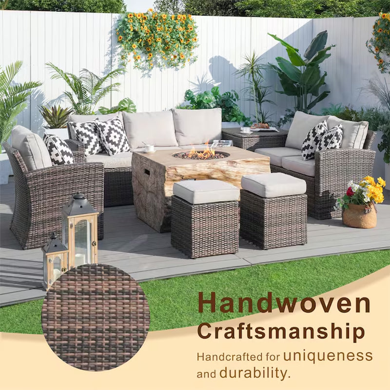 Arthur 7 -Piece Wicker Patio Sofa Conversation Set with Tan Cushions